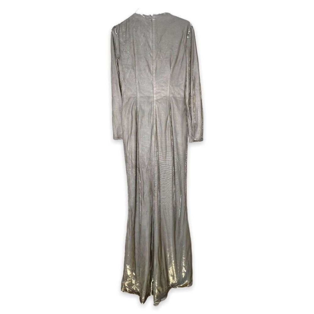 Ieena for Mac Duggal Silver Sequin Side Slit Ruched V-neck Gown Size 4 - Picture 4 of 7